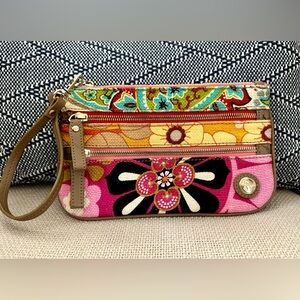 SPARTINA Floral Three Zip Leather Wristlet Pouch Bag Patchwork Linen 5.5x9"
